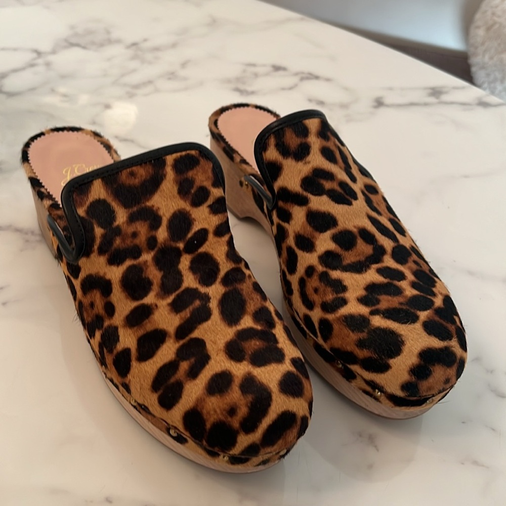 J. Crew Leopard Calf Hair Clogs Mules